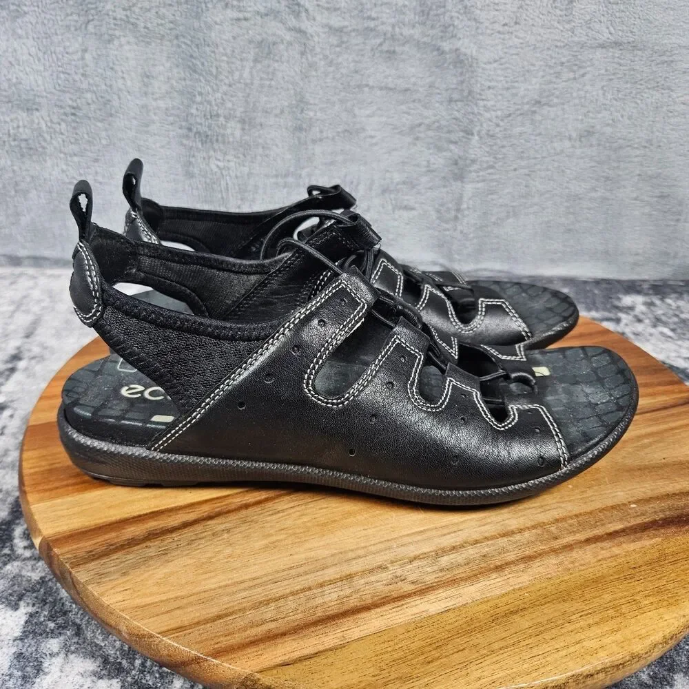 ECCO Jab Toggle Gladiator Sandals Women 38 US 7.5 Black Leather Bungee Fisherman